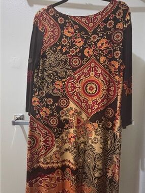 Boho Floral Medallion 3 quarter length open Sleeve Dress in Brown and Orange